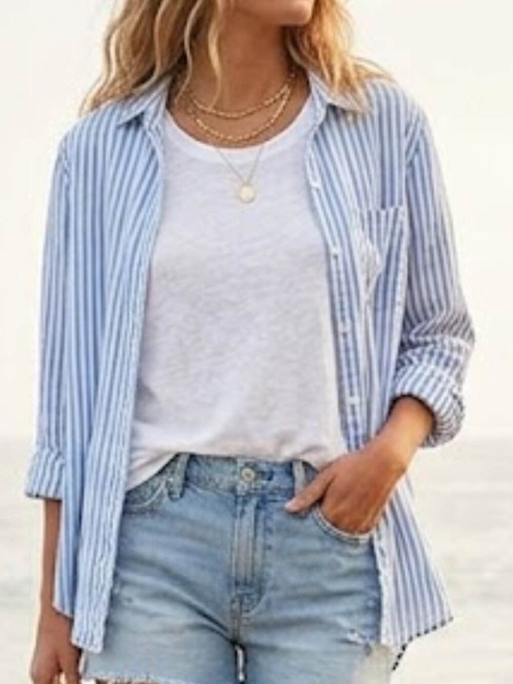 Beach Lunch Lounge Striped Button Down Long Sleeve Shirt Coastal Blue White Sz M